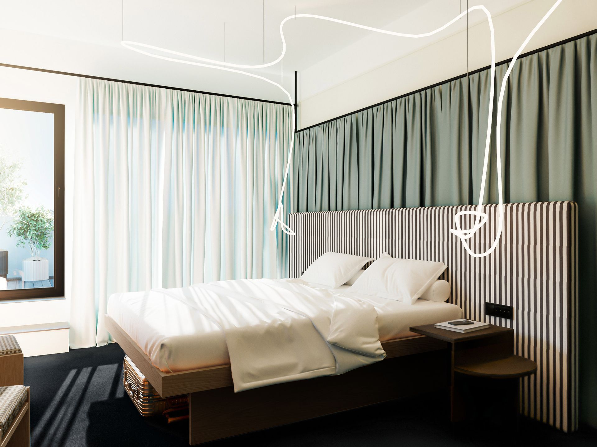 Modern bedroom with a neatly made bed, striped headboard, and tall curtains in soft neutral tones