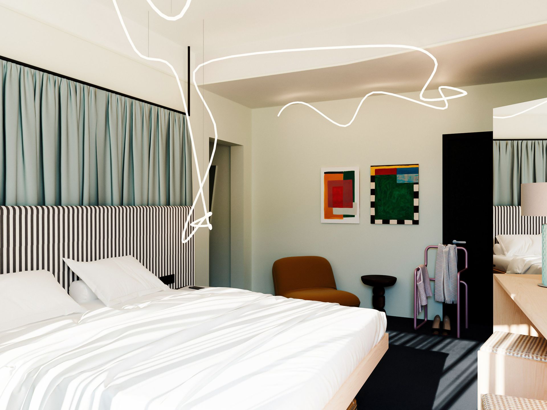 Modern hotel room with a white bed, striped curtains, chair, luggage rack, and abstract wall art.