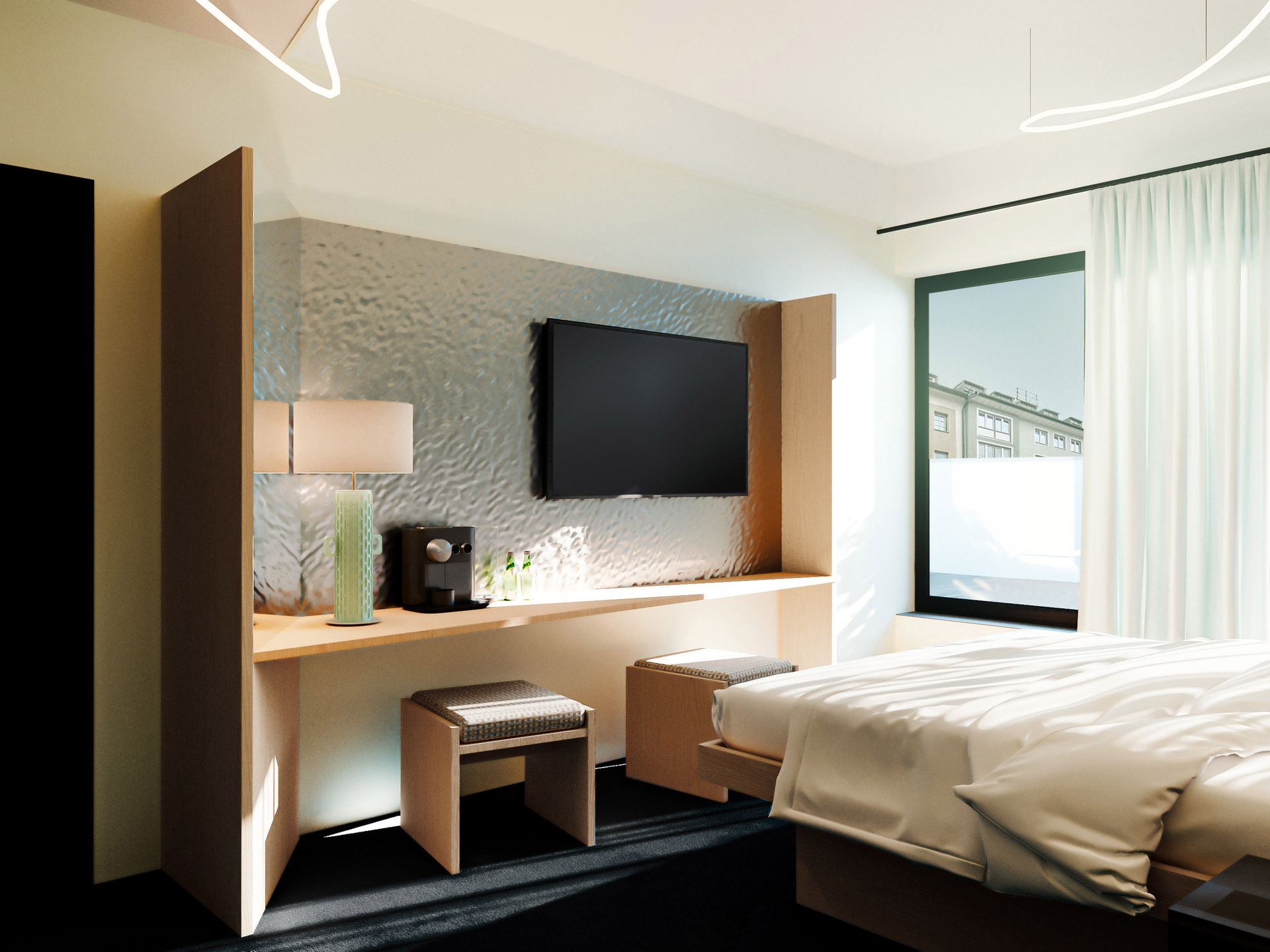 Modern hotel room with a bed, wall-mounted TV, desk, and large window overlooking the water