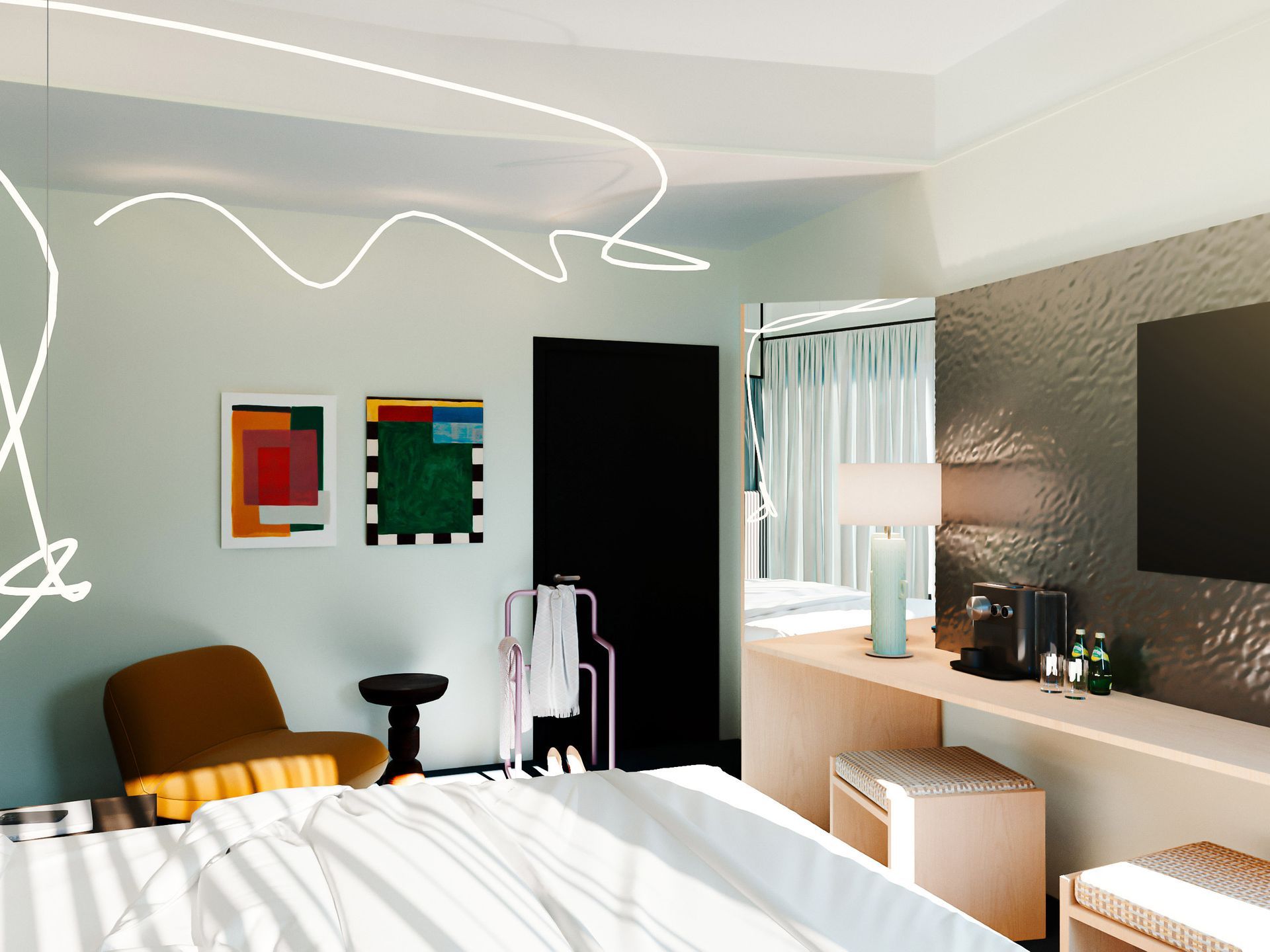 Modern bedroom with white bed, wall art, brown chair, black door, window, and TV on textured wall