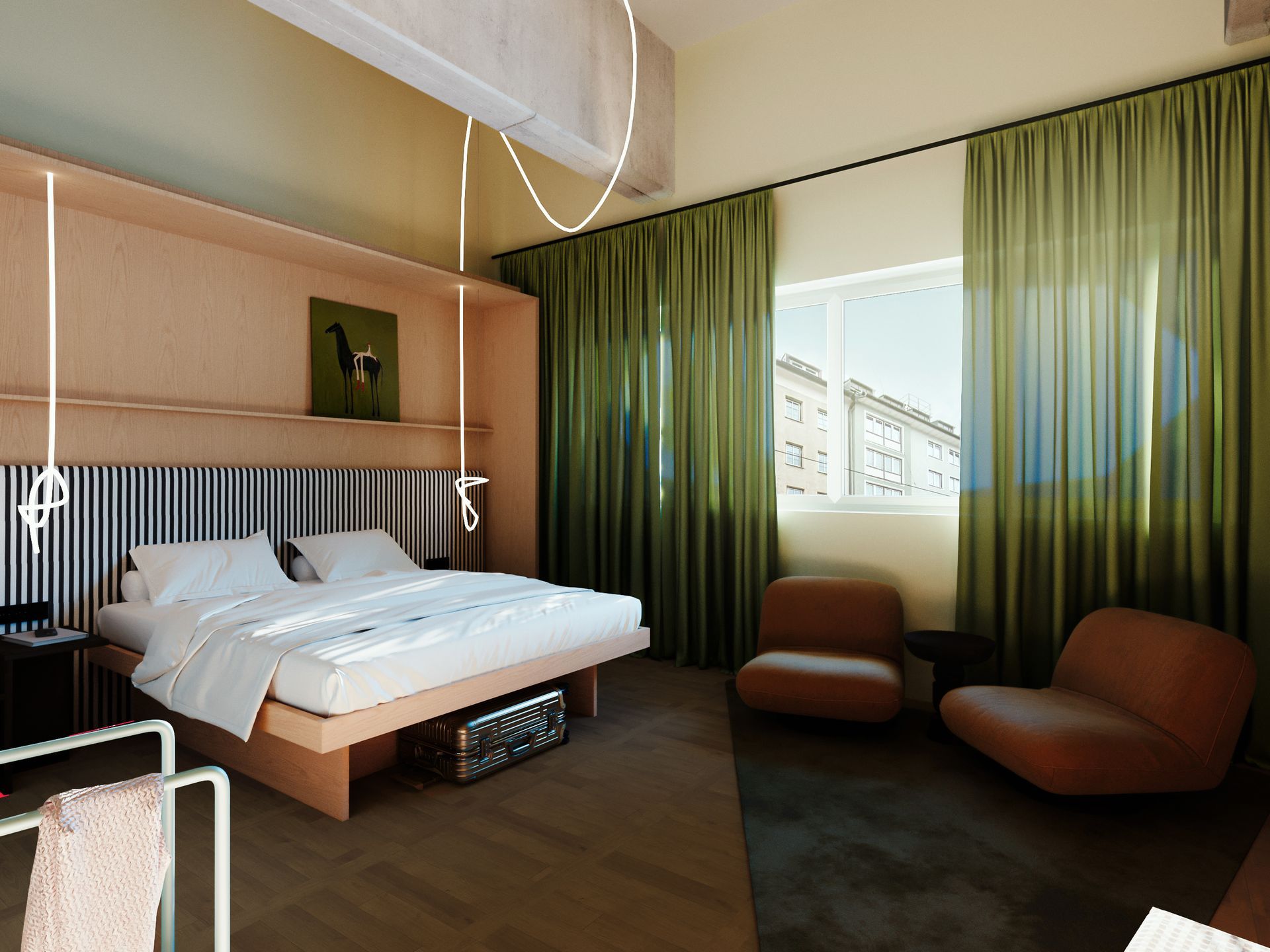 Modern bedroom with unmade bed, green curtains, and two brown chairs by a window
