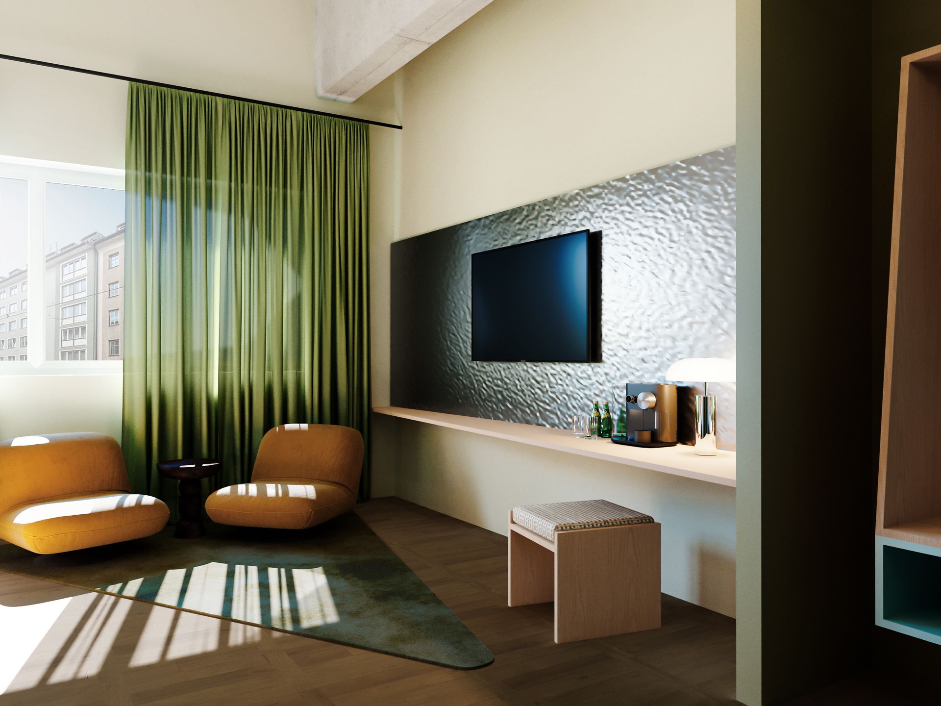 Modern living room with green curtains, two tan chairs, wall-mounted TV, and a sunlit window