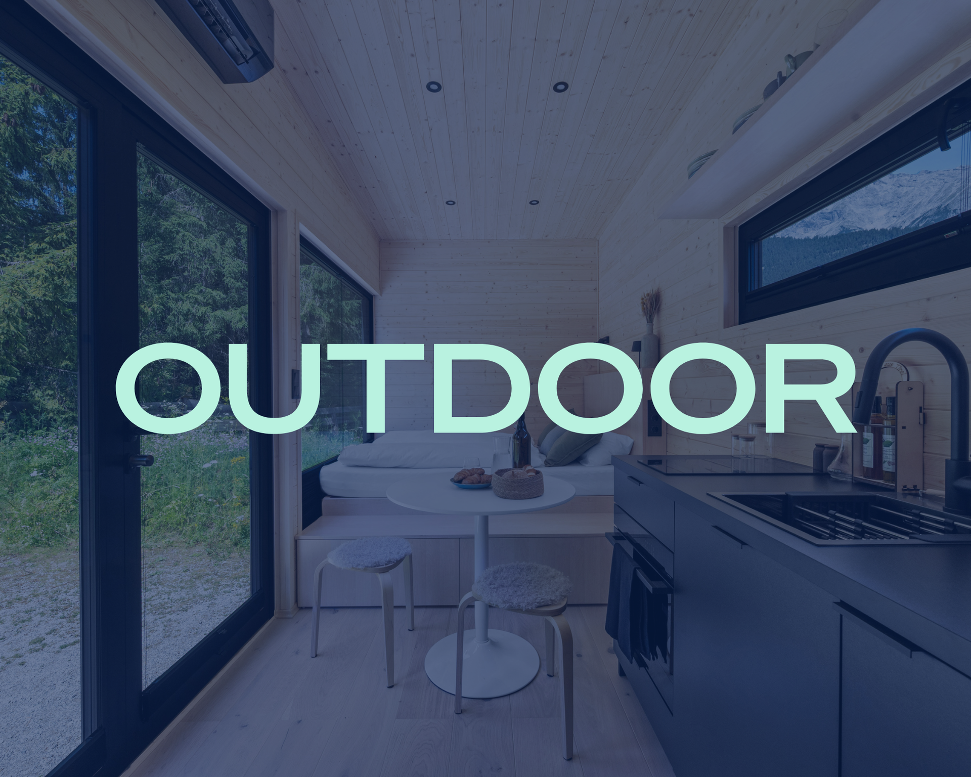 Modern tiny kitchen interior with large windows and the word “OUTDOOR” overlaid in teal
