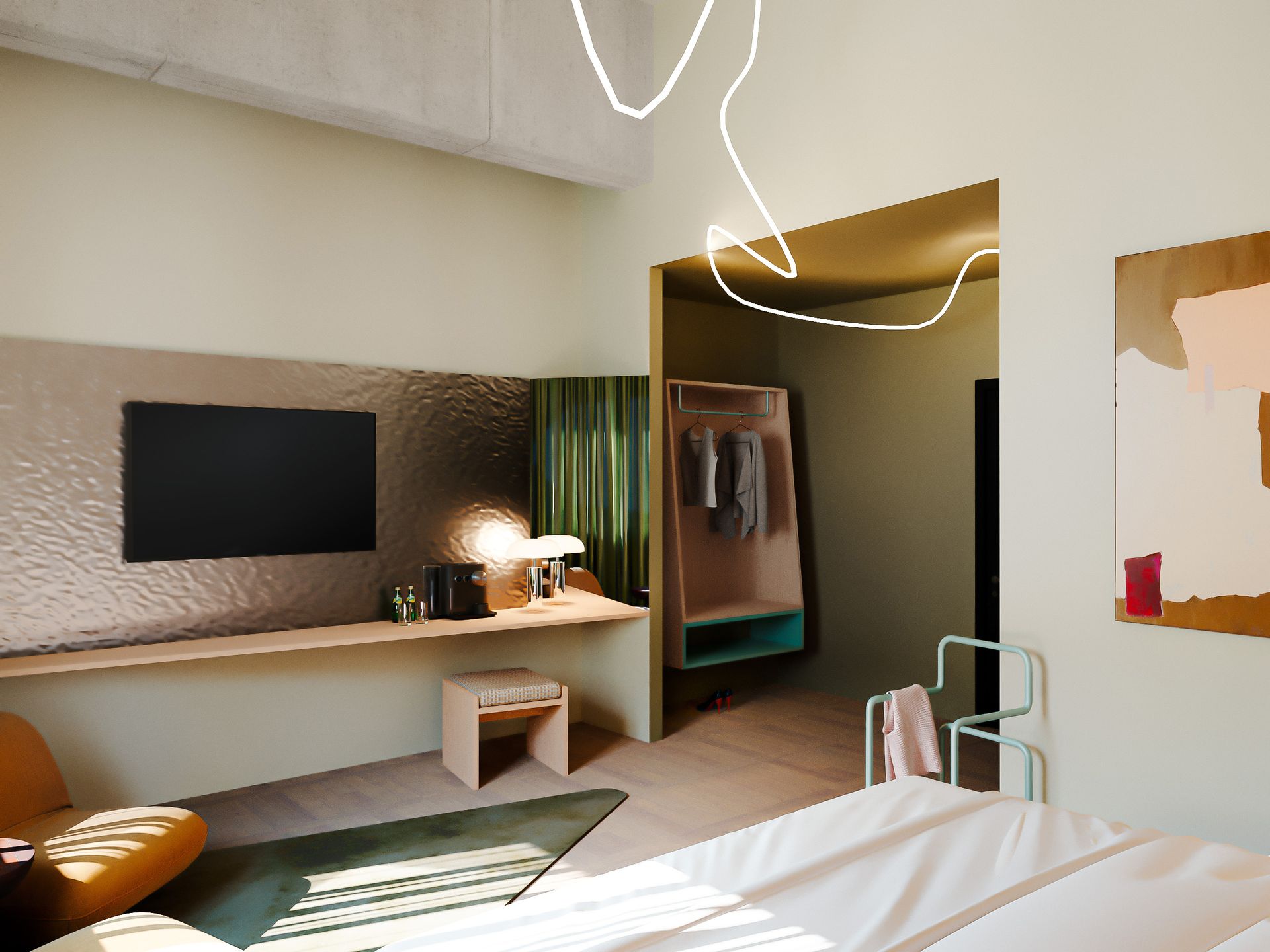 Modern hotel room with bed, wall-mounted TV, desk, lamp, and open closet.