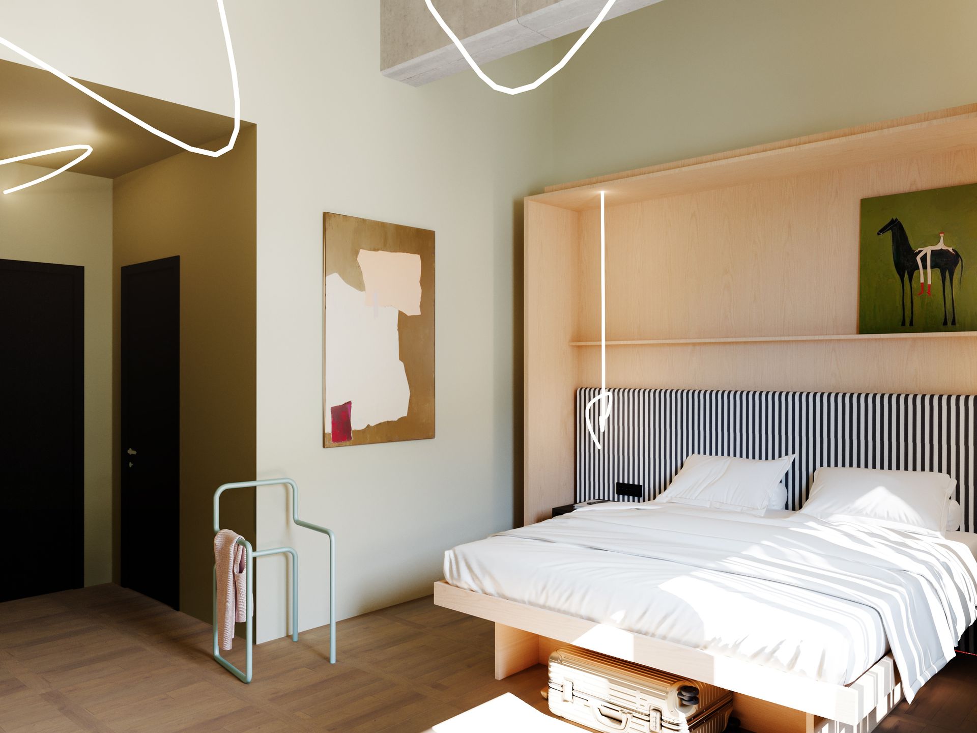 Modern bedroom with a white bed, wood headboard, and minimalist decor under soft lighting