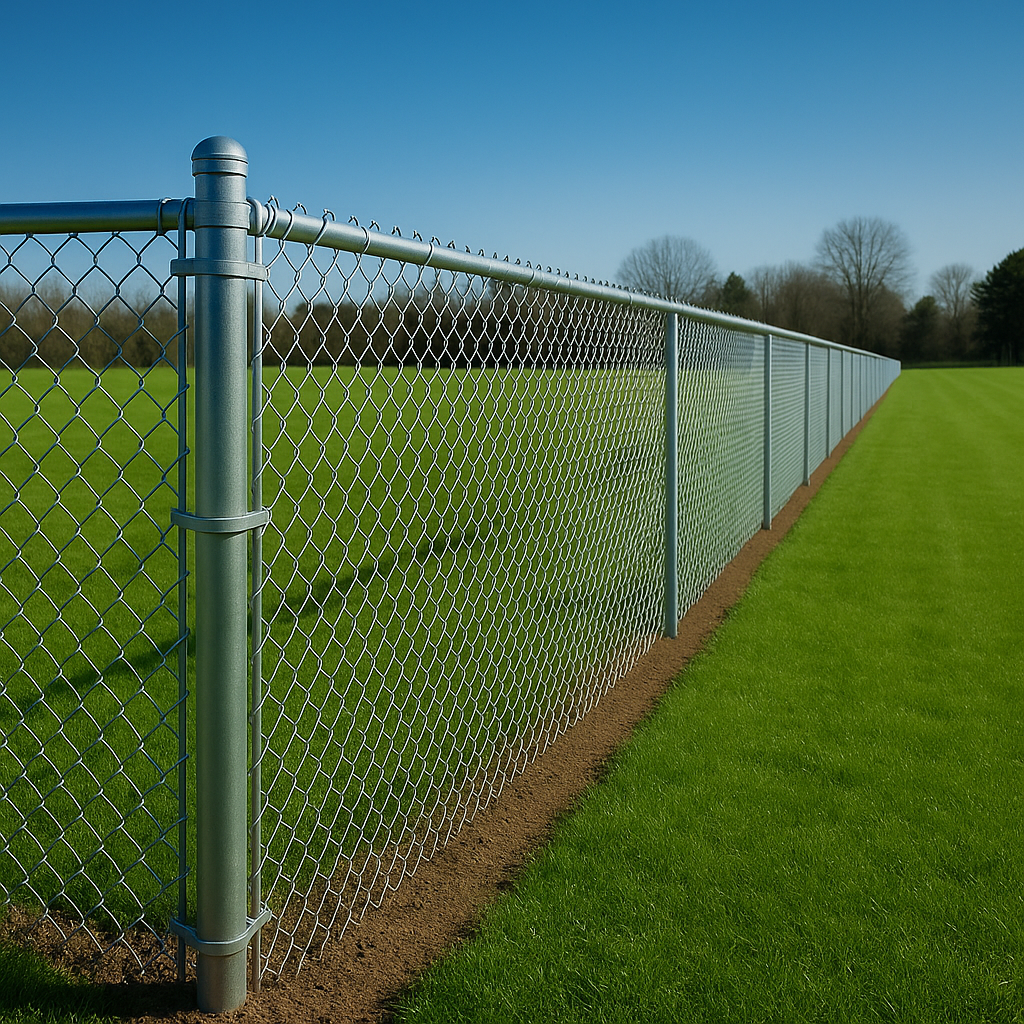 A chain link fence surrounds a lush green field