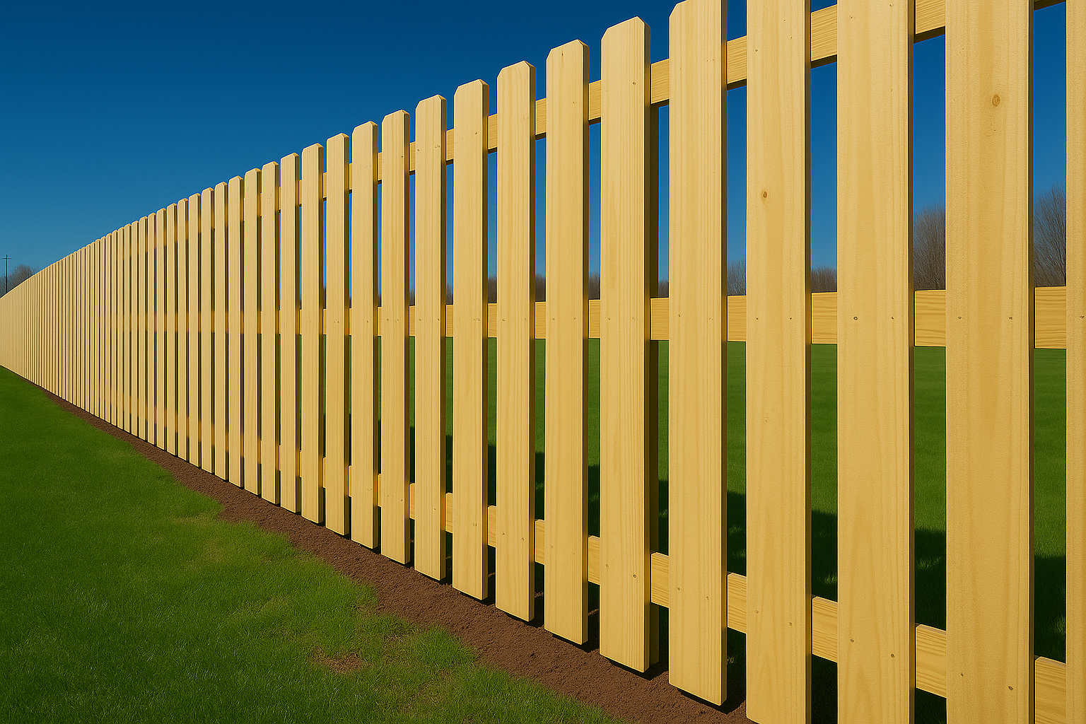 A long wooden fence surrounds a lush green field.