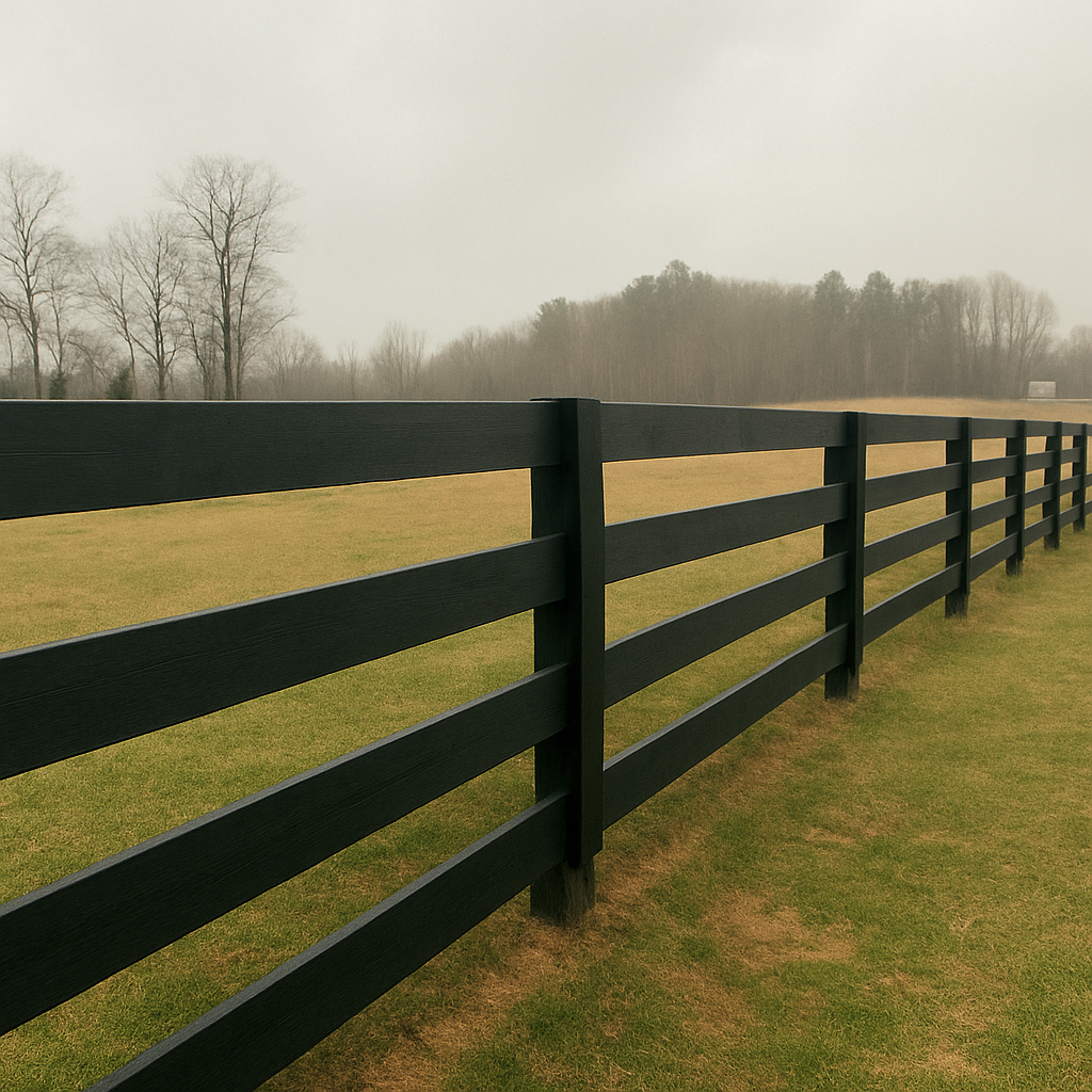 A black fence surrounds a grassy field on a cloudy day