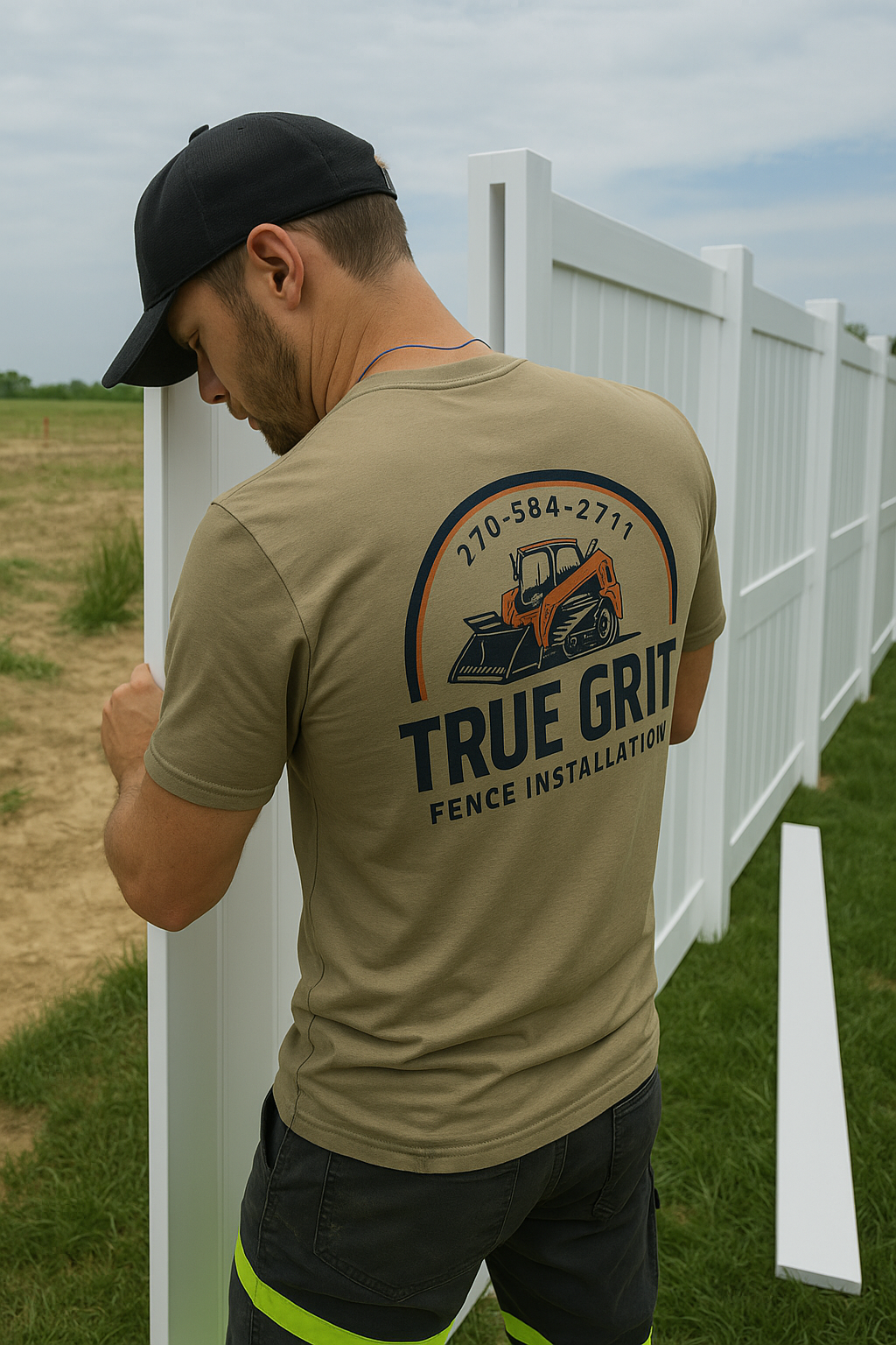A man wearing a true grit t-shirt is standing next to a white fence.