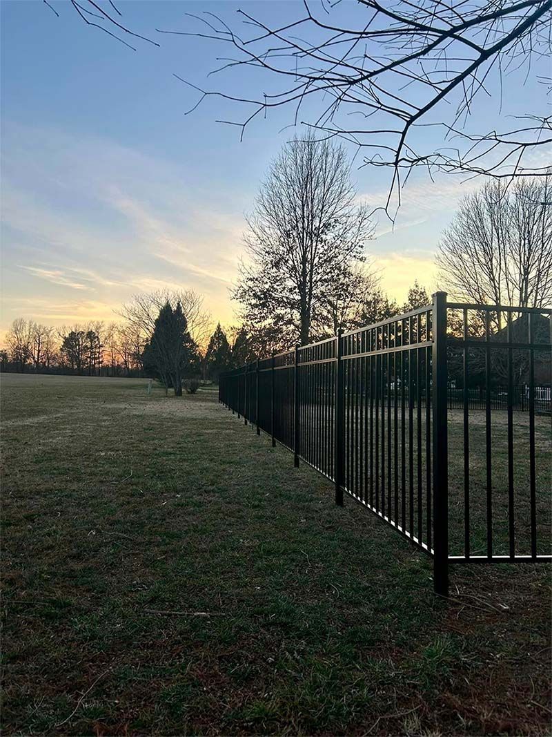 A fence surrounds a grassy field with trees in the background at sunset.