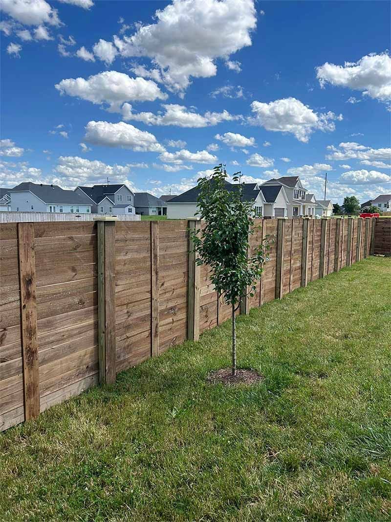 A wooden fence with a tree in the middle of it.