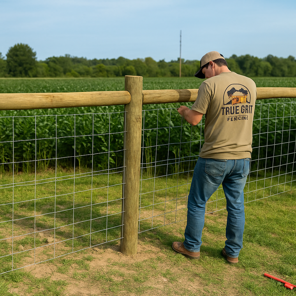 A man wearing a shirt that says true faith is working on a fence
