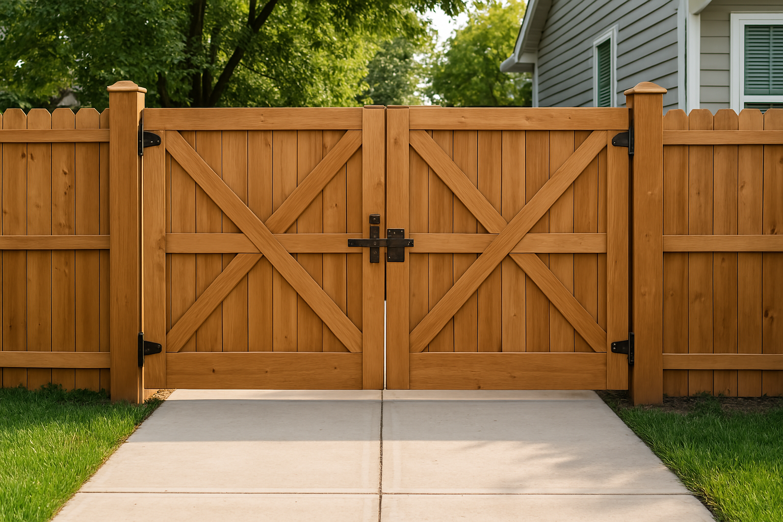 A wooden fence surrounds a concrete driveway leading to a house.