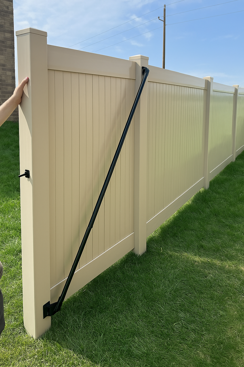 A person is standing next to a white fence with a black pole attached to it.