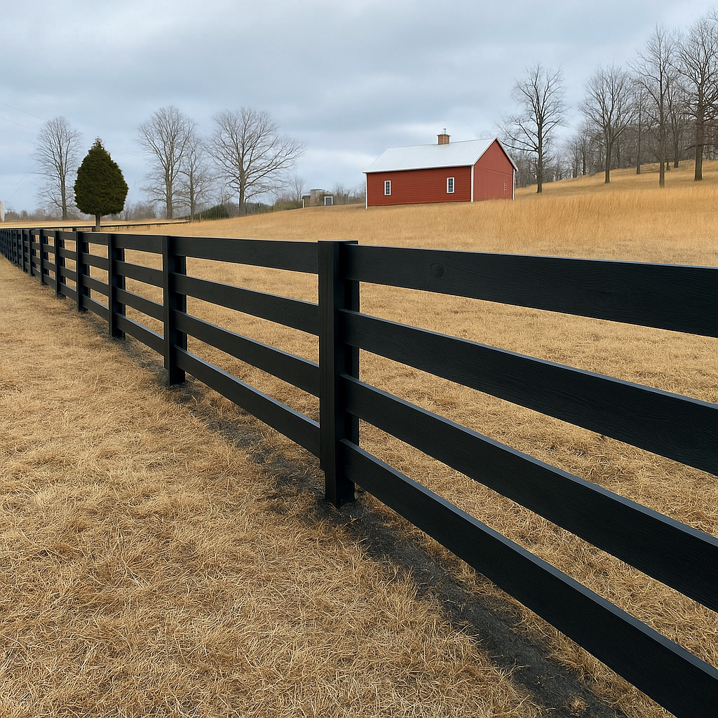 A black fence with a red barn in the background