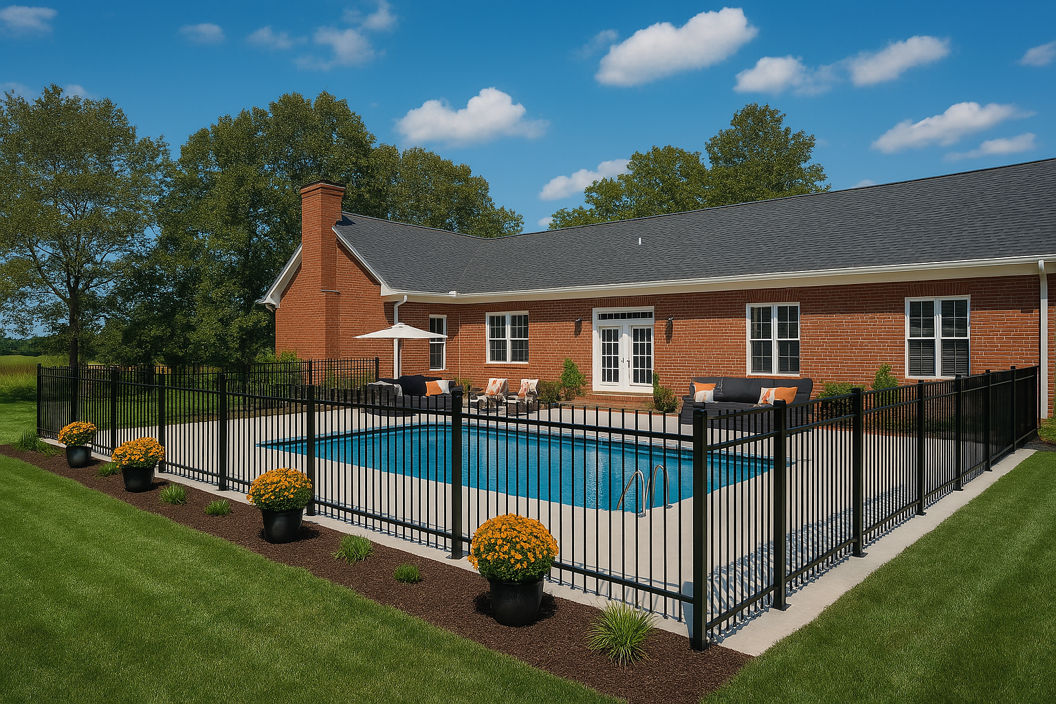 A large swimming pool is surrounded by a fence in front of a brick house.