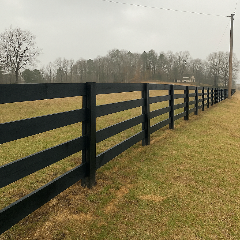 A black fence surrounds a grassy field on a cloudy day.