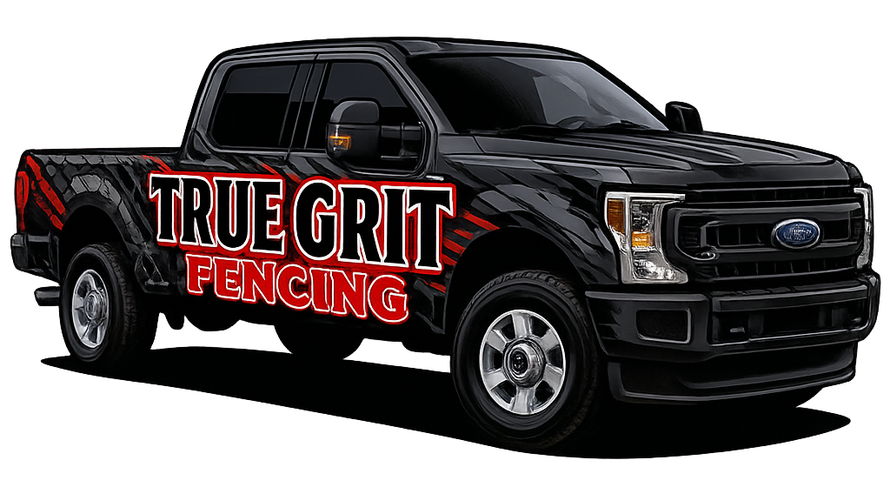 A black truck with the words `` true grit fencing '' on the side is parked on a white background.