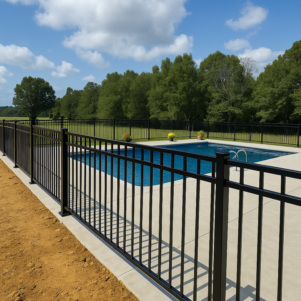 A black fence surrounds a large swimming pool