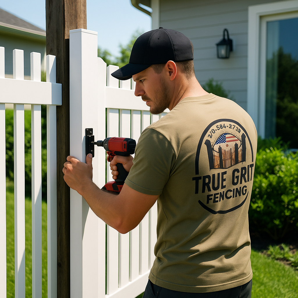 A man wearing a true grit fencing shirt is working on a gate