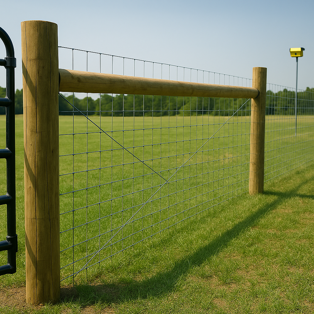 A fence with a wooden post and a metal gate