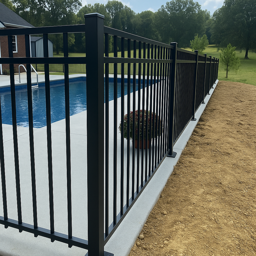 A black metal fence surrounds a swimming pool