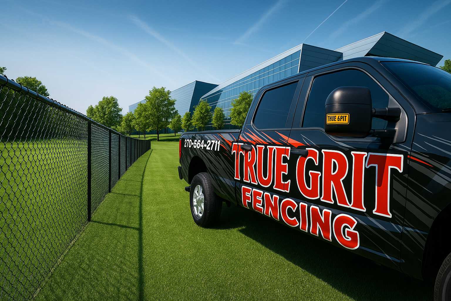 A truck that says true grit fencing is parked next to a chain link fence.