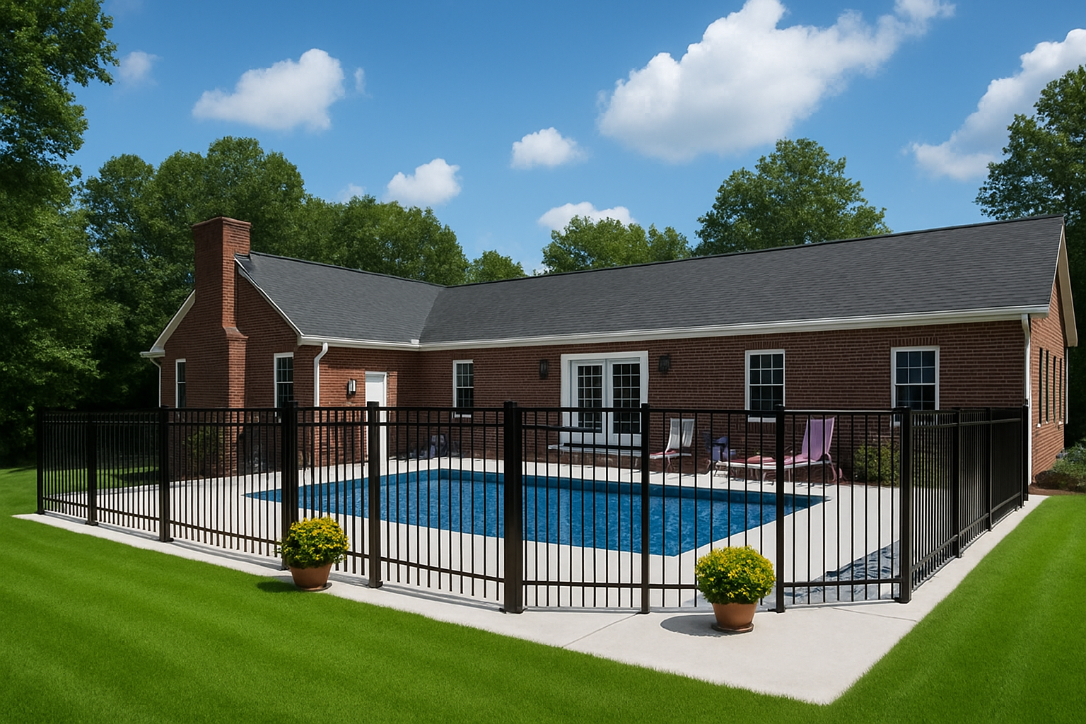 A house with a large swimming pool behind a fence