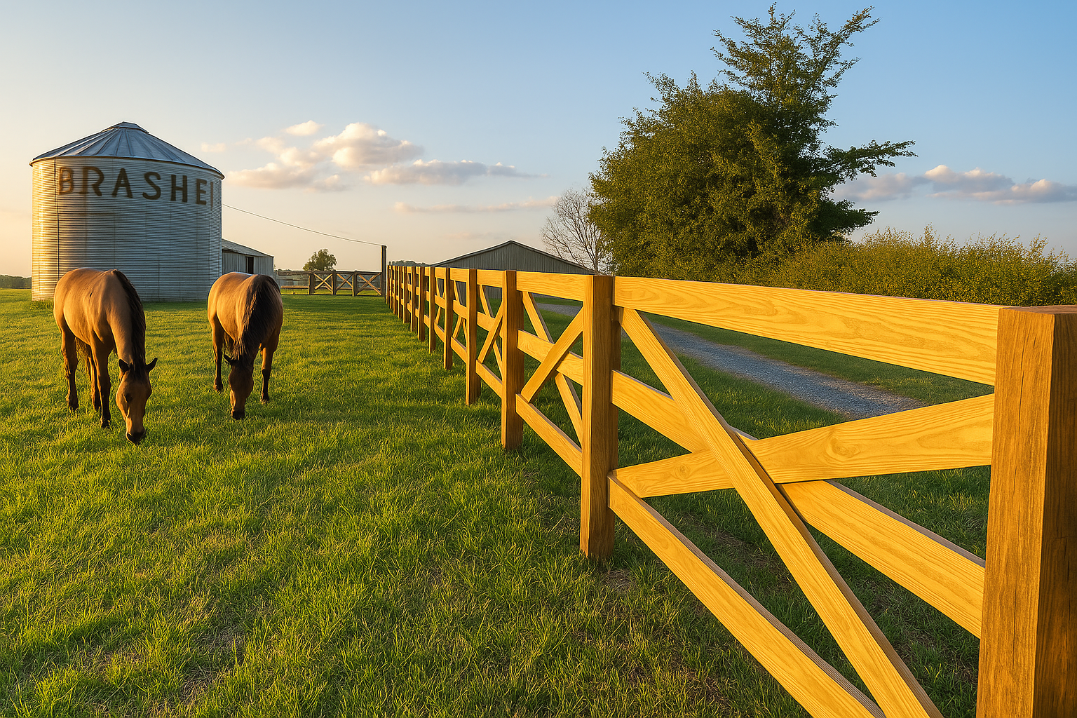 Two horses are grazing in a field next to a wooden fence.