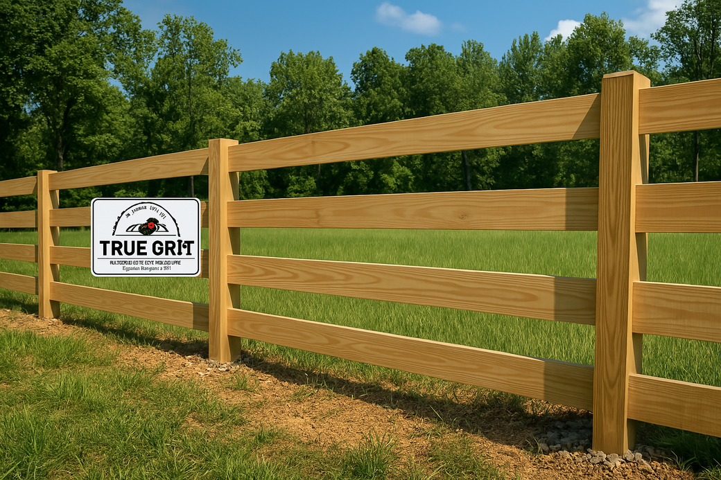 A wooden fence with a true grip sign on it