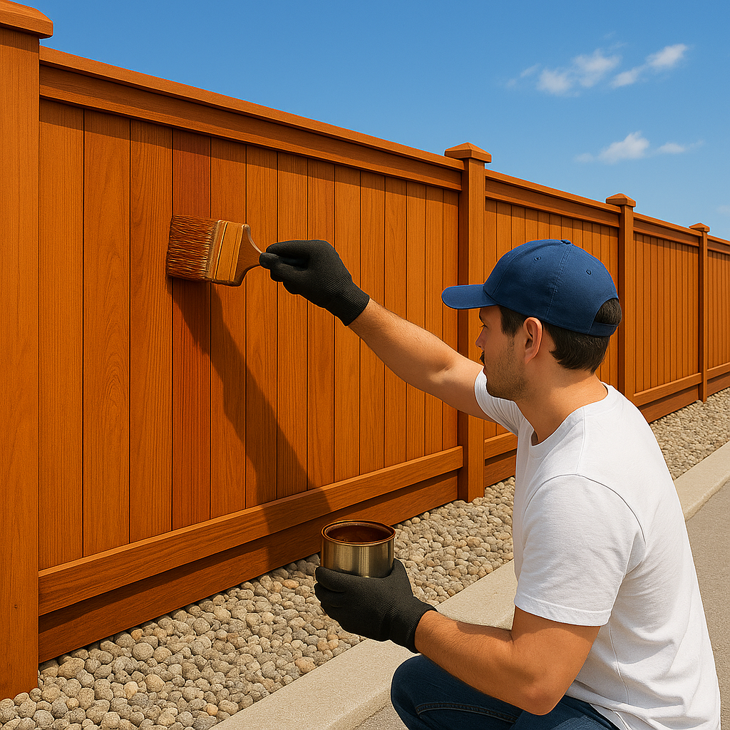 A man is painting a wooden fence with a brush
