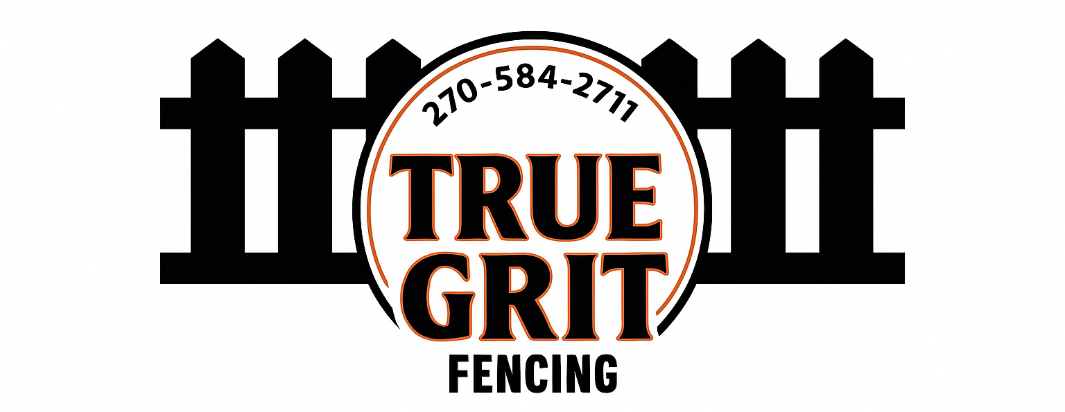 A logo for true grit fencing with a fence in the background