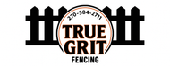 A logo for true grit fencing with a fence in the background