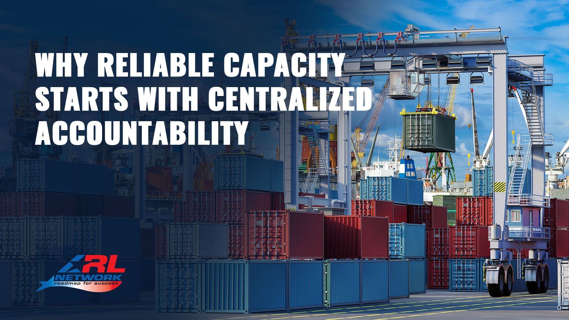 A large crane lifts a shipping container in a busy yard under the text: 