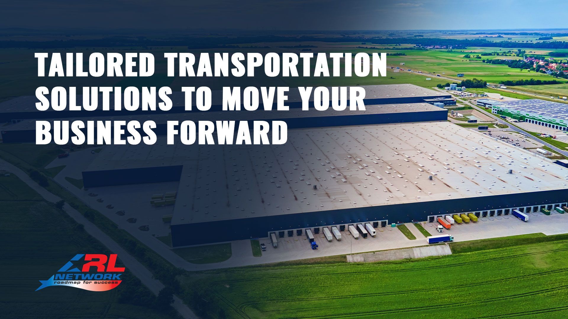 An aerial view of a large warehouse with parked trucks, featuring the text 