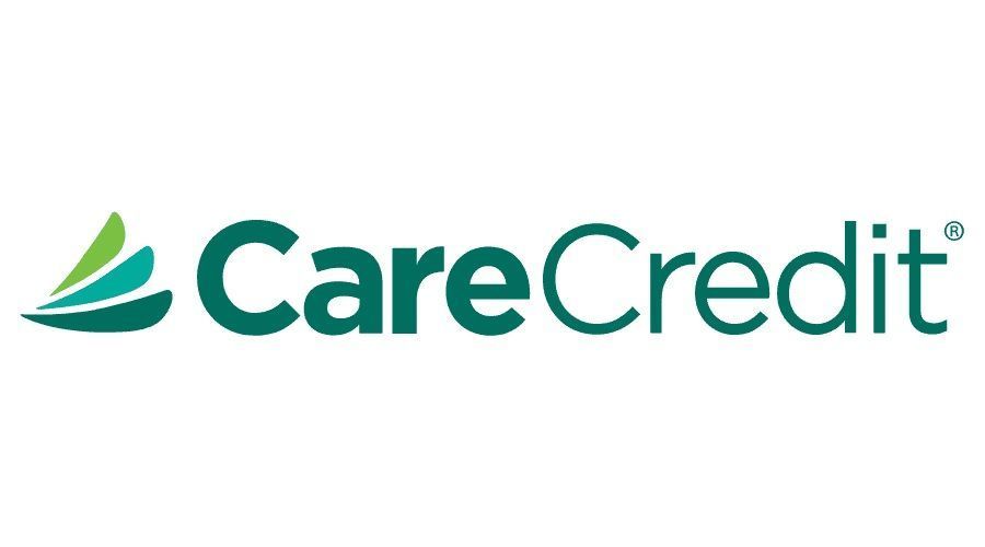 The logo for carecredit is green and white with a green leaf.