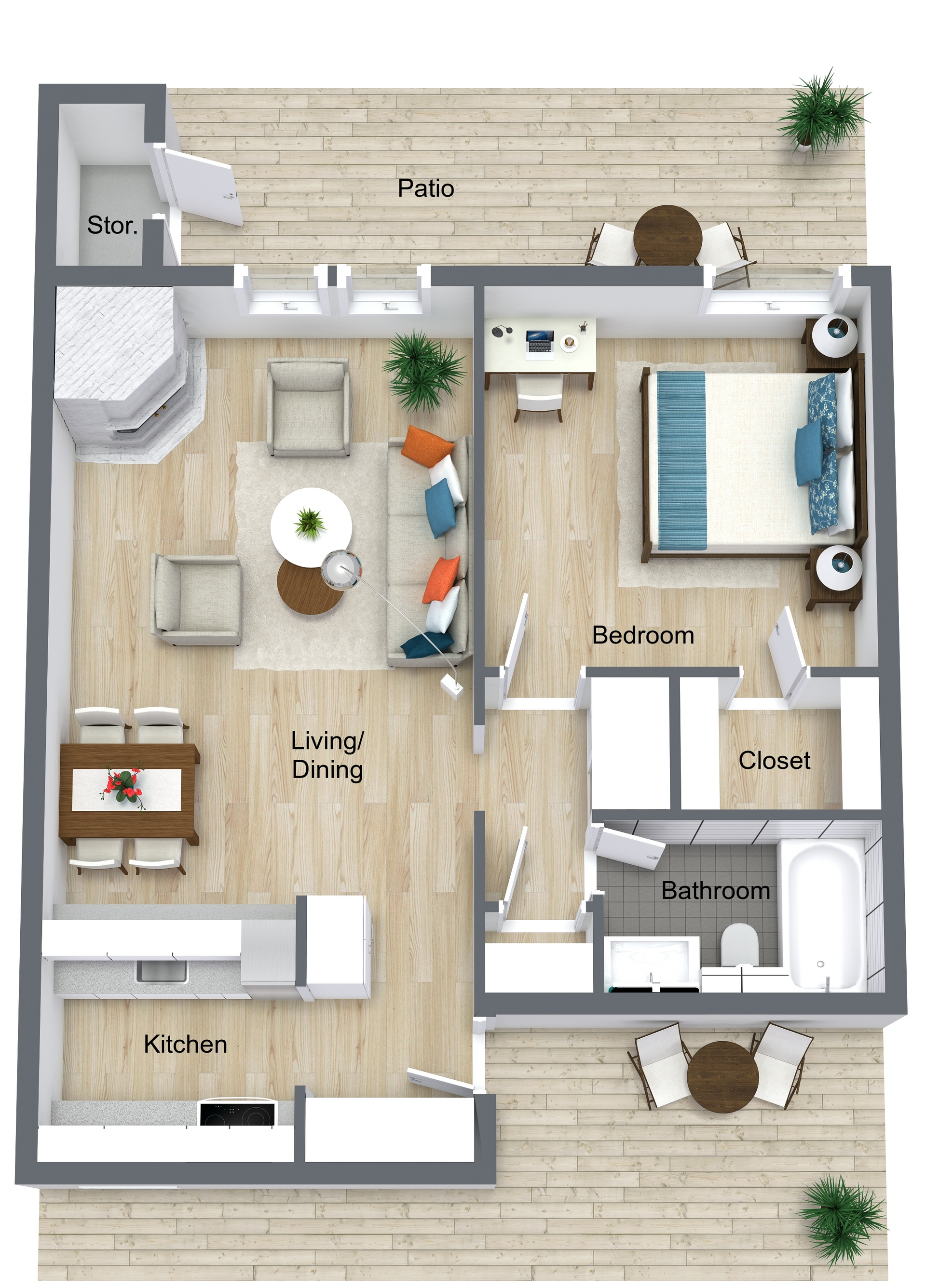Top-down floor plan of a small apartment with living, kitchen, bath, and bedroom areas.