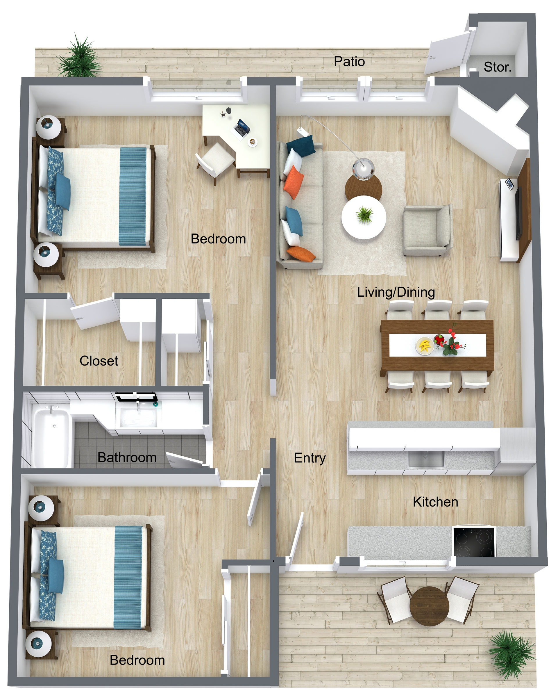 Top-down floor plan of a two-bedroom apartment with living room, kitchen, bath, and balcony.