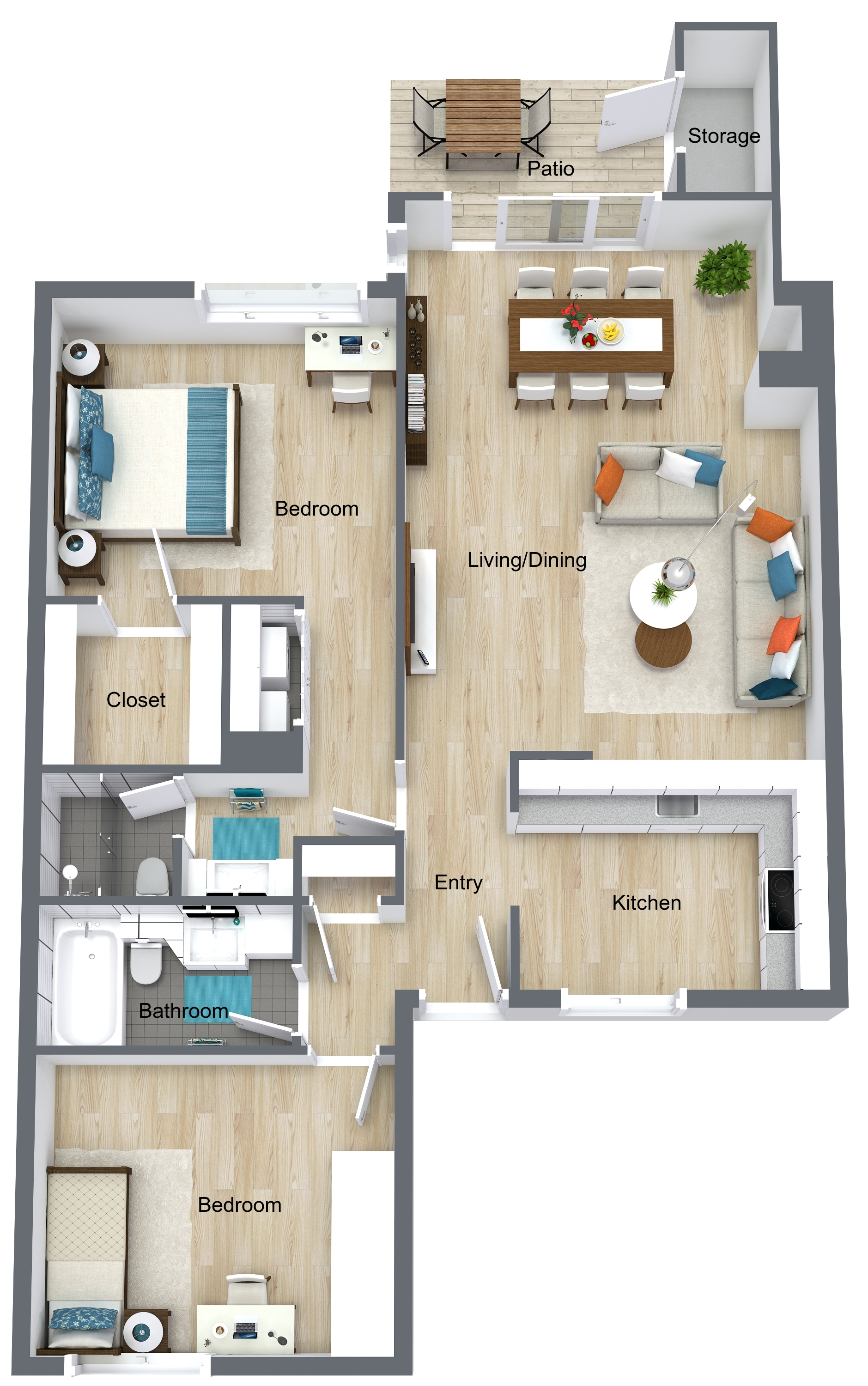 Apartment floor plan with bedroom, bathroom, kitchen, living room, and balcony.