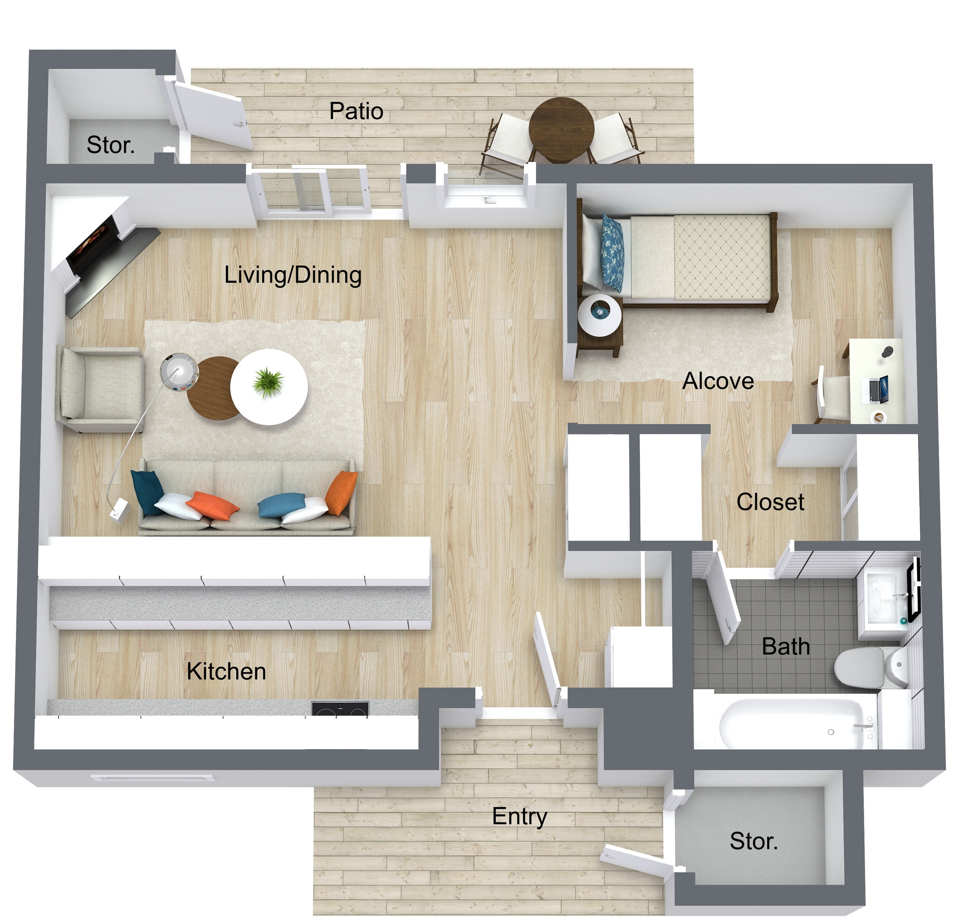 Top-down apartment floor plan with living/dining, kitchen, patio, bath, closet, alcove, entry, and storage areas