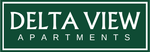 Delta View Apartments logo on a green sign with white text and border