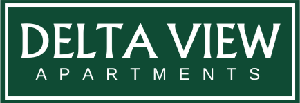Delta View Apartments logo on a green sign with white text and border
