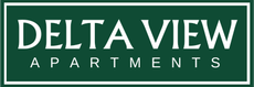 Delta View Apartments logo on a green sign with white text and border