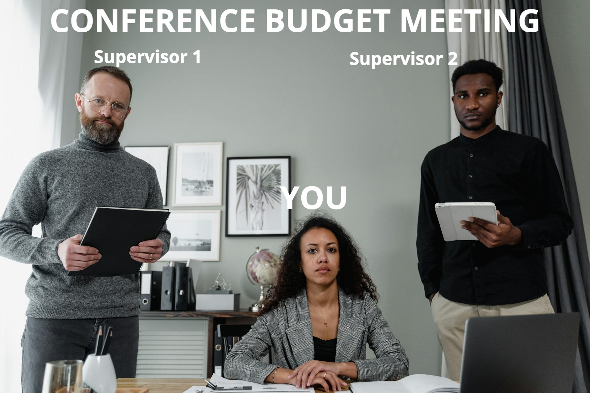 A group of people are having a conference budget meeting.