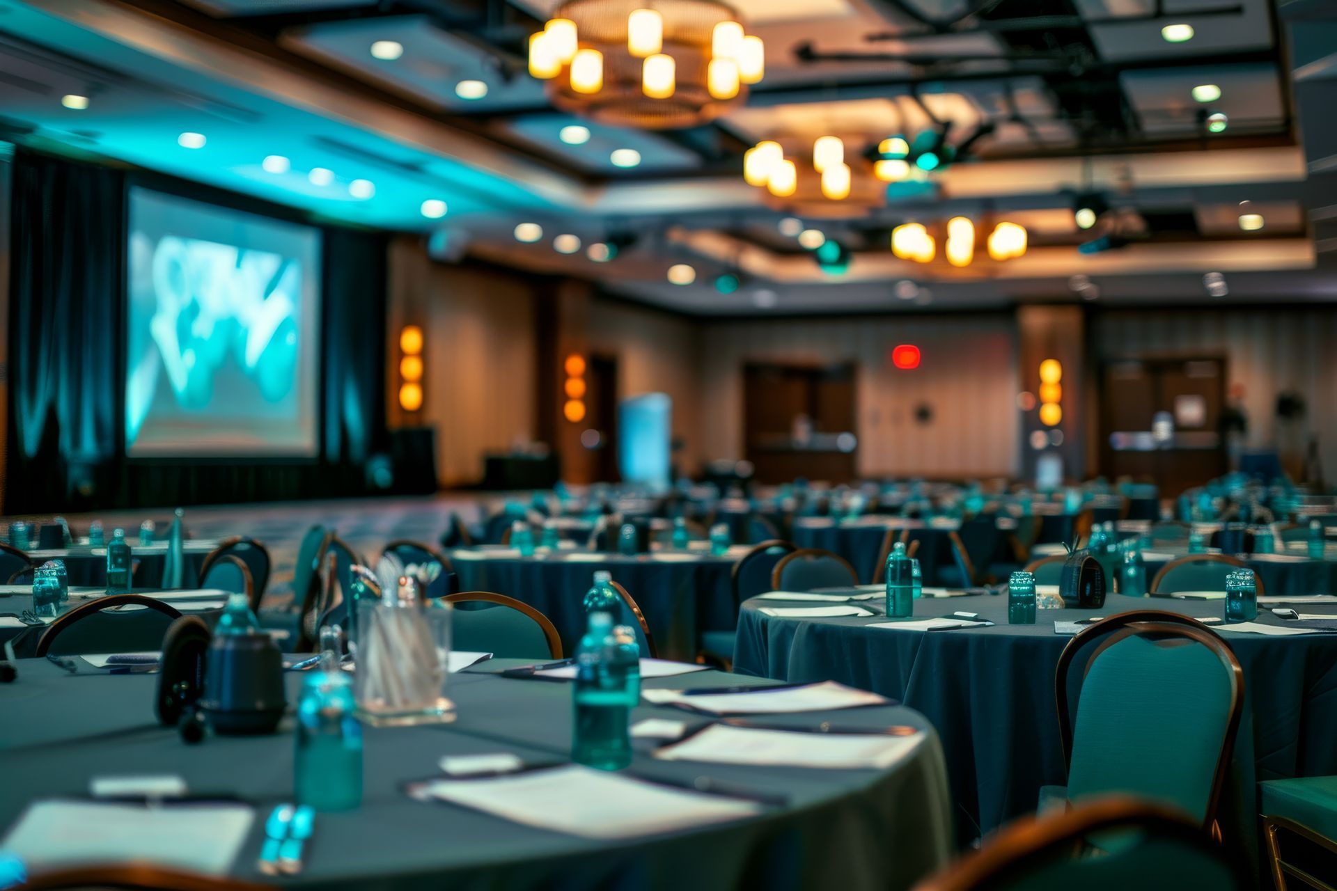 A large conference room filled with tables and chairs and a large screen.