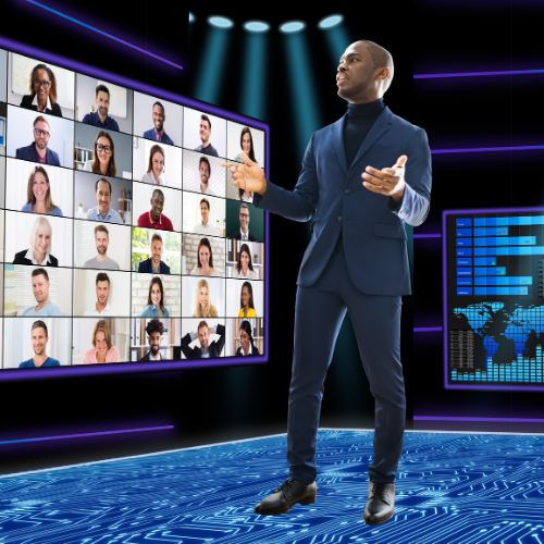 A man in a suit is giving a presentation in front of a large screen filled with people 's faces. Virtual meeting. 