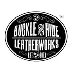Black and white logo for Buckle & Hide Leatherworks, featuring text in a decorative oval frame.