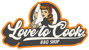 Love to Cooks BBQ Shop logo: Woman with knife, tattoos, holding knife in a circle, with text 