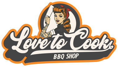Love to Cooks BBQ Shop logo: Woman with knife, tattoos, holding knife in a circle, with text 