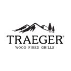 Logo for Traeger Wood Fired Grills featuring a mountain range and two trees above the brand name.